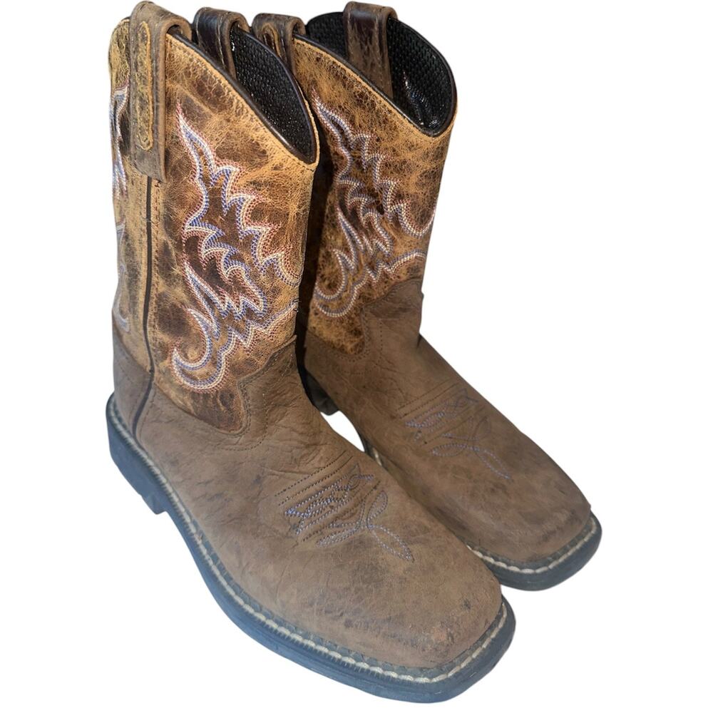 Old West Boys Cowboy Boots Size 1.5 D Brown Leather Square Toe Western